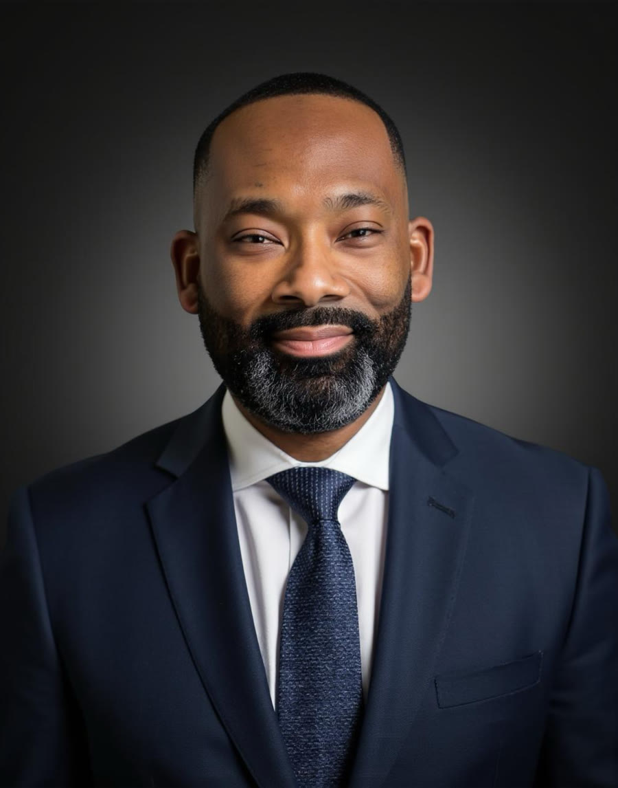 George Reed Jr., in a navy suit and tie, smiling against a dark grey studio background.
